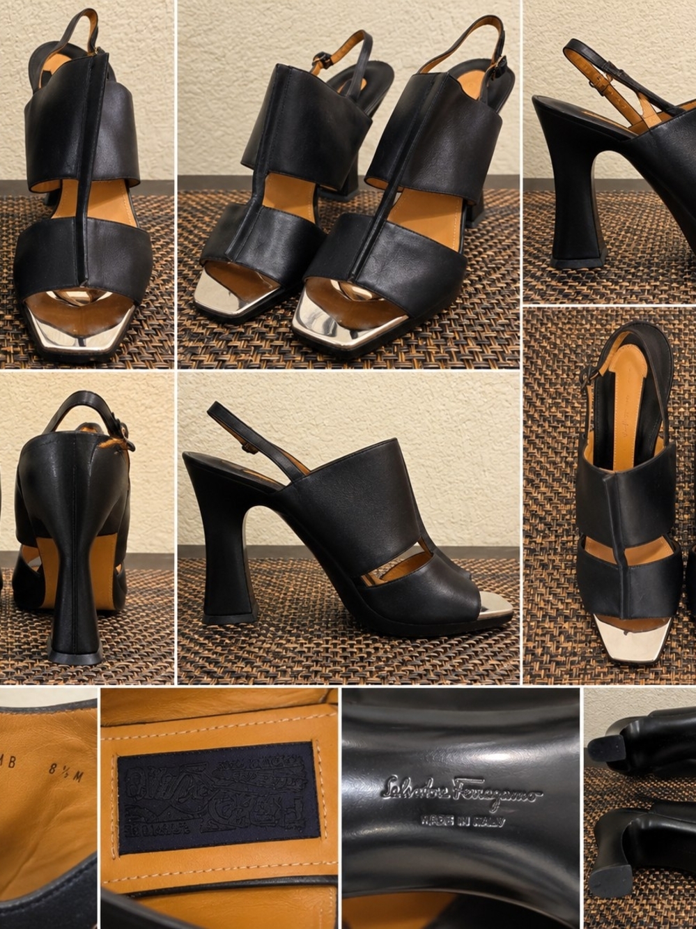 Salvatore Ferragamo Black Leather Slingback Heels with Silver Toe Accent